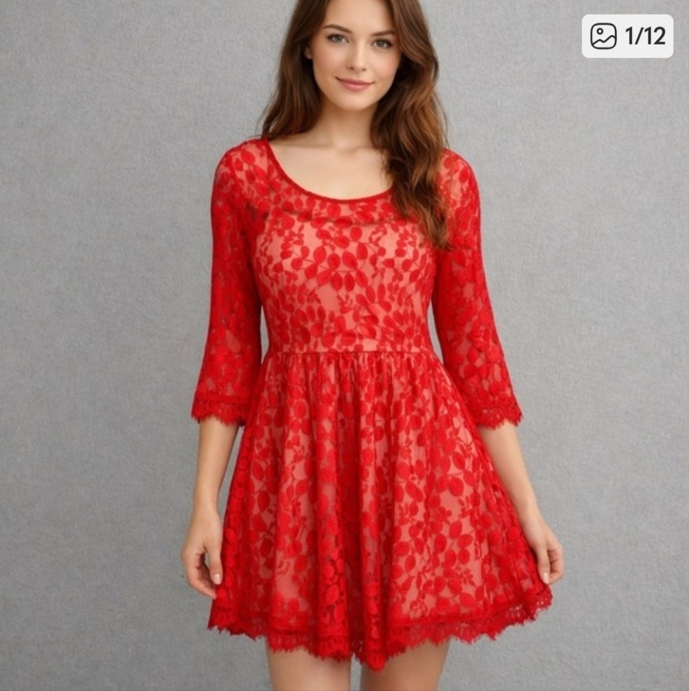 Free People Womens Dress 0 Red Floral Lace Mesh Overlay Party Flirty